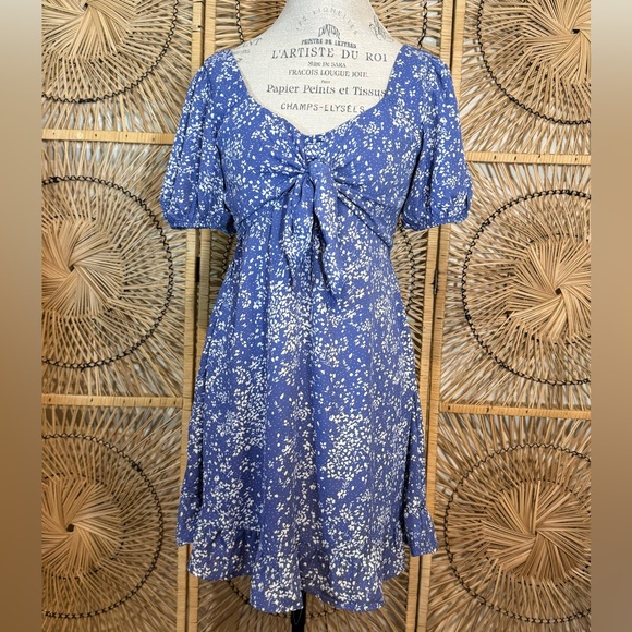 Sienna Sky Blue Floral Bow Detail Ruffled Mini Dress - Picture 1 of 9